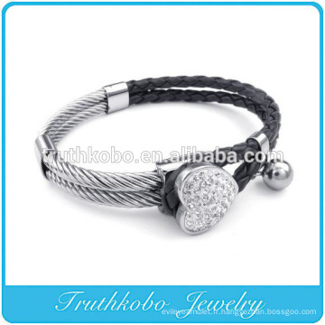 Bracelet En Cuir Pour Femmes En Cuir Cœur Rhinetone Manchette En Acier Inoxydable Bracelet En Cristal Trèfle Fourleaf